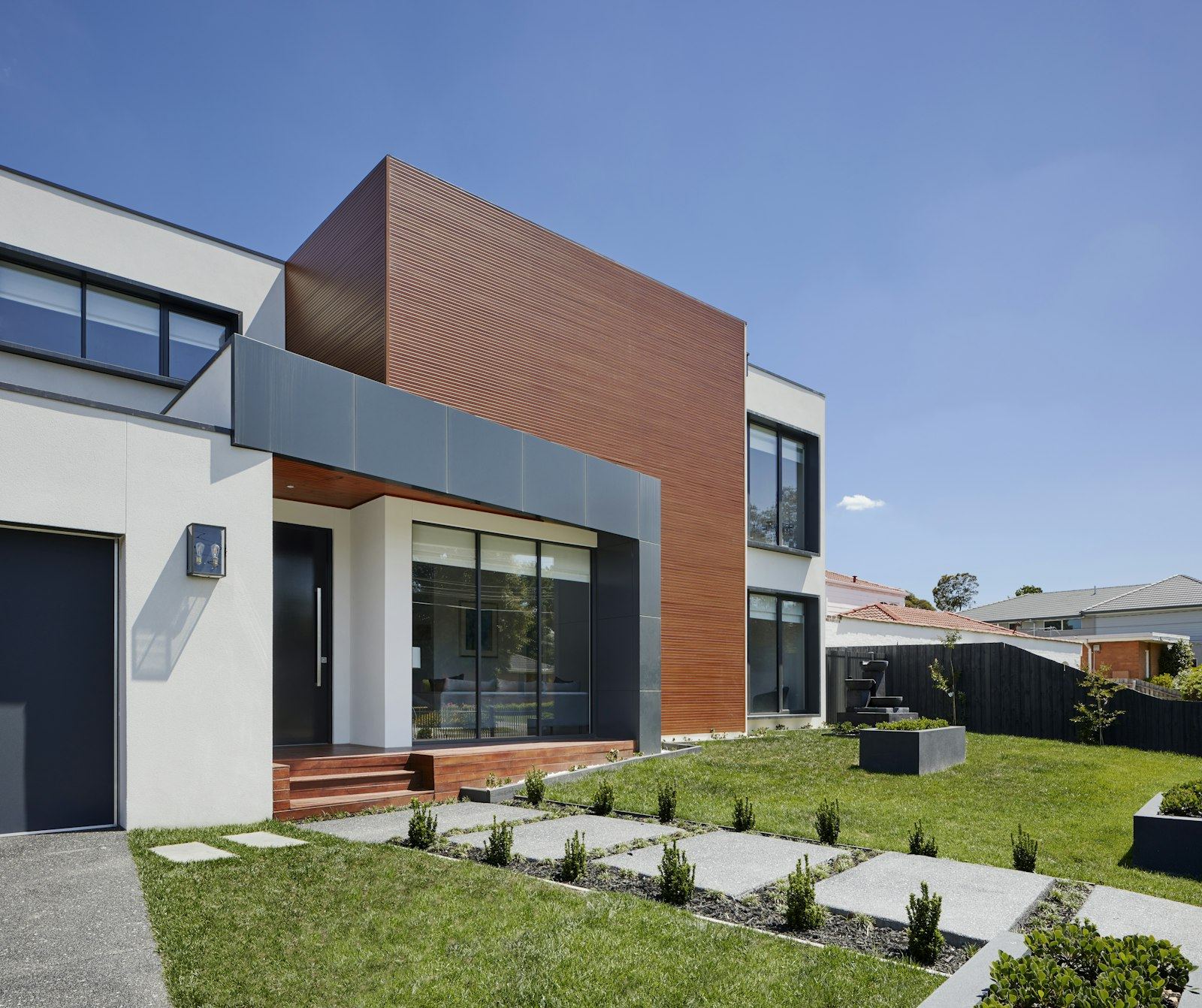 Modernes weißes Landhaus mit Holz- und Putzfassade und gepflegtem Garten
