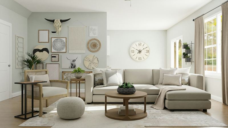 Wohnzimmer mit kuratierter Wandgalerie und Naturmaterialien