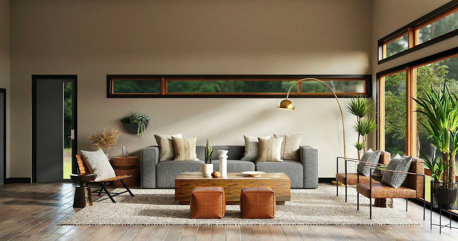 Wohnzimmer mit Sofa, Kamin und Holzvertäfelung